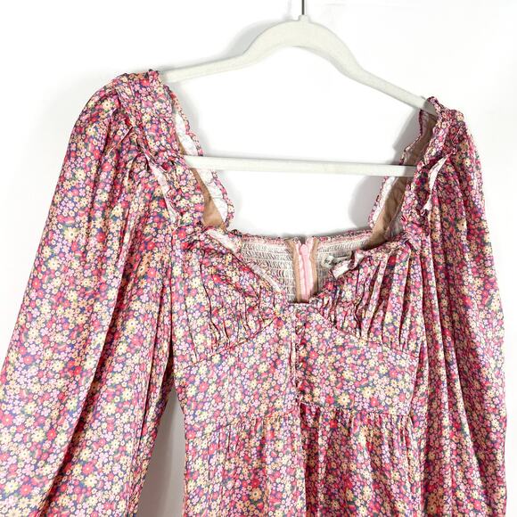 For Love‎ & Lemons Laurie Pink Floral Mini Dress Long Puff Sleeve Sz XS Satin - Picture 7 of 13